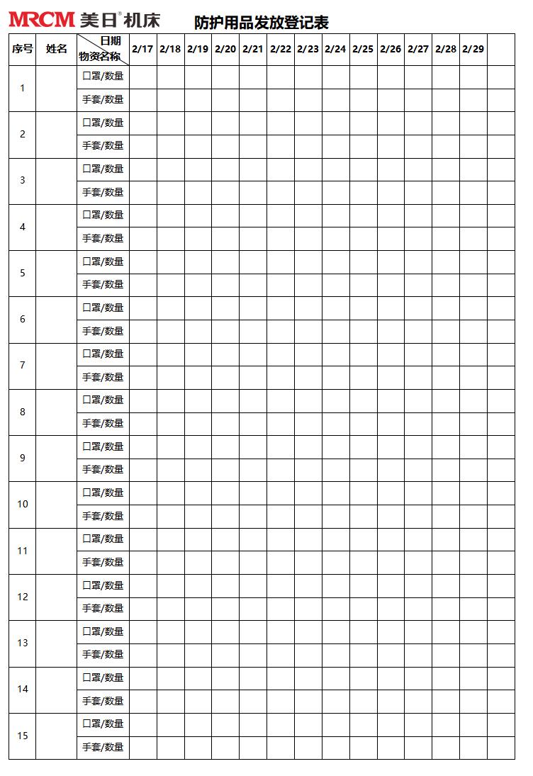 防护用品发放登记表